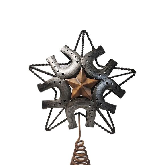 Rustic Metal Horseshoe Star Christmas Tree Topper Western Vintage Style Folk Art - Picture 2 of 6